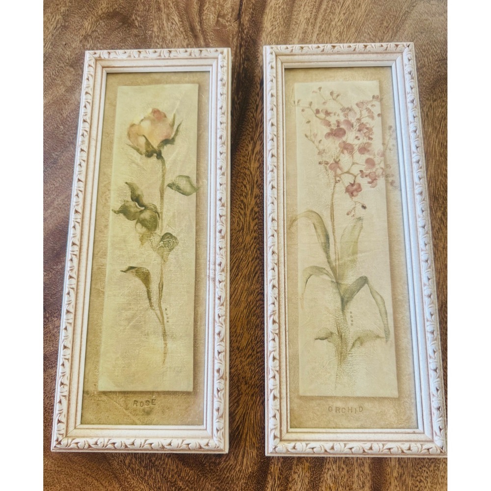 Cheri Blum Vintage Framed Botanical Prints Rose Orchid Pair 13x5 Cream Frames